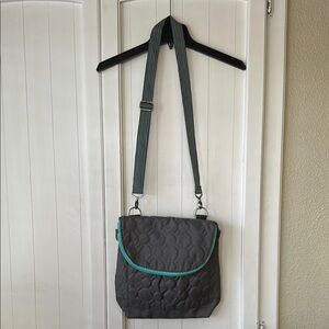 Gray Quilted Shoulder Bag with Teal Trim